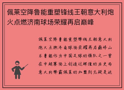 佩莱空降鲁能重塑锋线王朝意大利炮火点燃济南球场荣耀再启巅峰